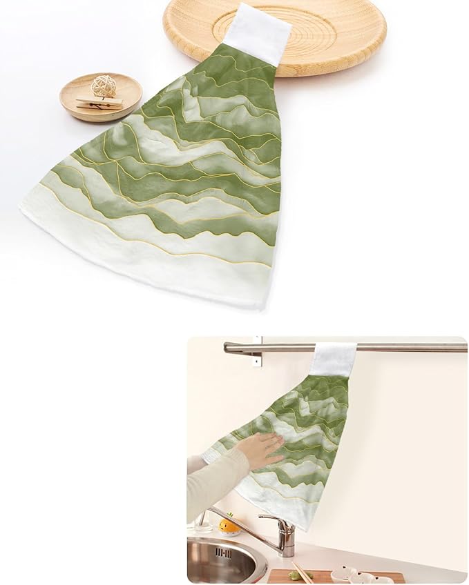 Alandar Home Kitchen Tie Towel Set of 1, Sage Green Waves Watercolor Gradients Absorbent Soft Hand Towels for Bathroom Hanging Towels, Abstract Geometric Fast Drying Cleaning Cloth with Loop