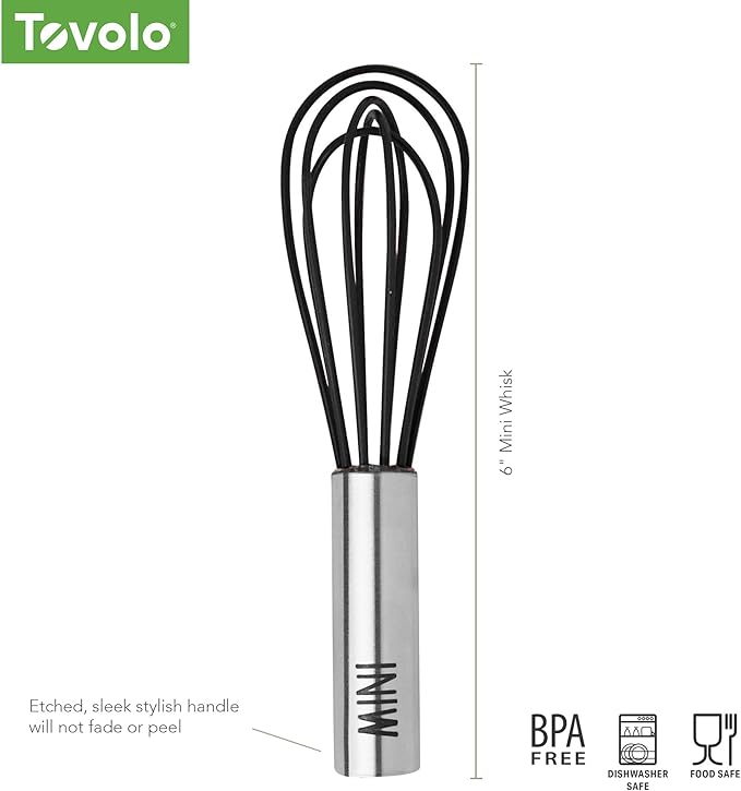 Tovolo Mini Whisk Stainless Steel 6 Inch Tiny Whipper Silicone Whisker for Cooking Blending Mixing Stirring Whisking Egg Beating, Easy to Clean Dishwasher Safe Small Kitchen Mini Metal Whisk, Black