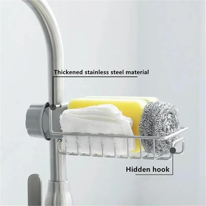 Adjustable Sink Faucet Shelf, Stainless Steel Over Faucet Drain Rack for Sponge Soap and Towel, Rotatable Kitchen Bathroom Organizer with Hooks(A)