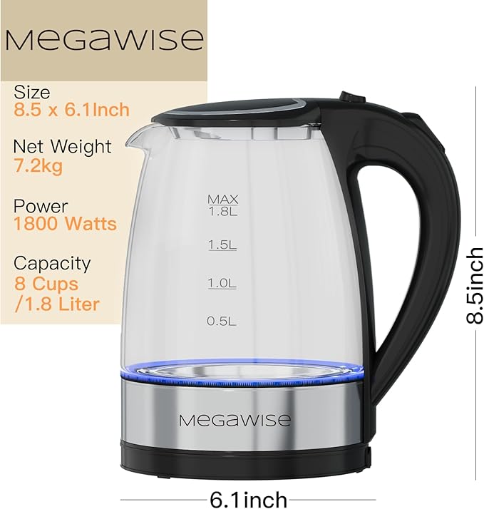 MEGAWISE Electric Kettle 1.8L, High Power Fast Boiling Hot Water Boiler, Auto Shut-Off, BPA-Free Food-Grade Material, Tea Kettle for Kitchen Home Office Coffee Tea