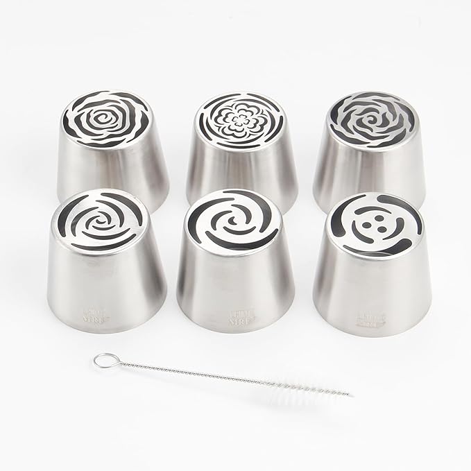 Extra Large Russian Piping Tip Set - 6 Stainless Steel Marshmallow Buttercream Framing Nozzles for 3D Roses Tulip Cake Decorations and Marshmallow Bouquets, Includes 1 Cleaning Brush(6C)
