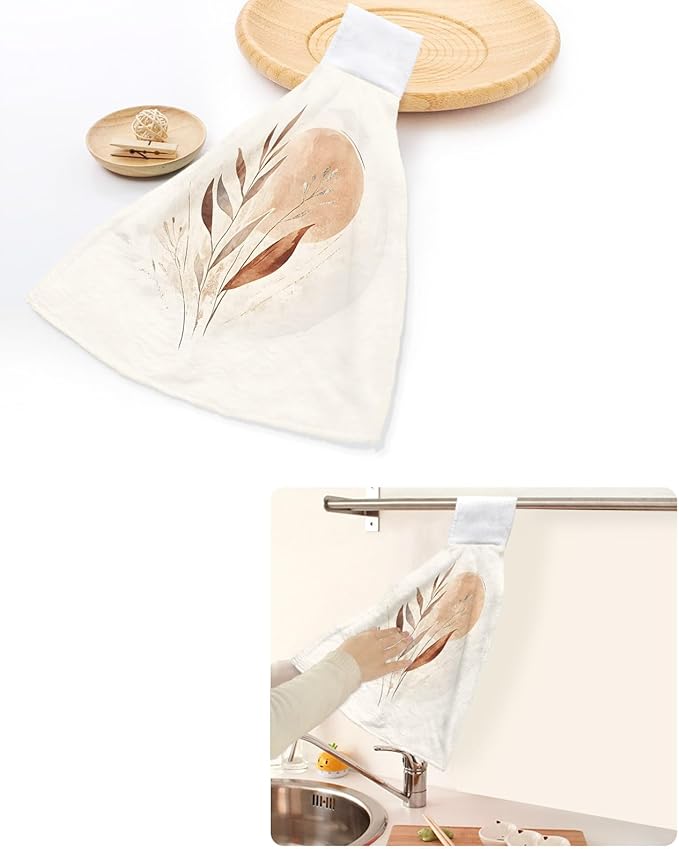 Alandar Home Kitchen Tie Towel Set of 1, Bohemian Color Block Abstract Leaf Absorbent Soft Hand Towels for Bathroom Hanging Towels, Nordic Minimalist Style Fast Drying Cleaning Cloth with Loop
