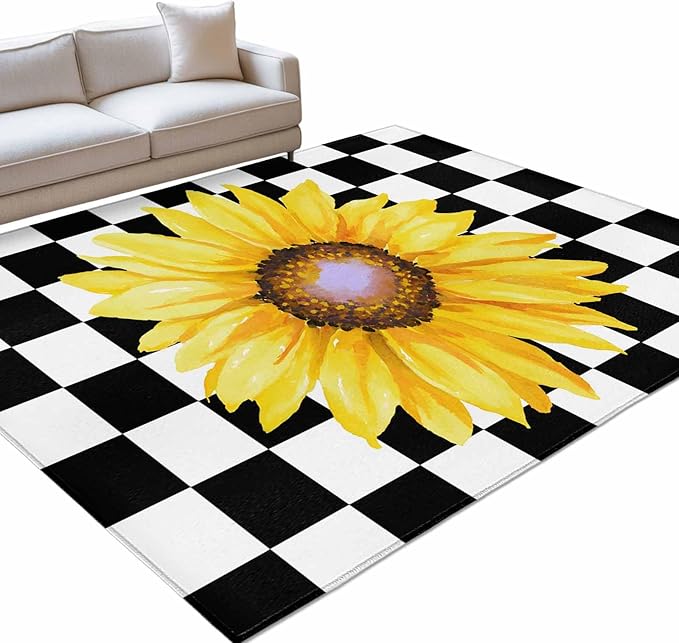 Area Rug 8x10ft, Watercolor Sunflower on Checkered Washable Rugs for Living Room Bedroom, Yellow Black White Soft Non-Slip Area Rugs Rectangle Floor Carpet for Dining Room