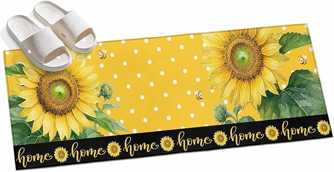 Runner Rug for Bedroom Hallway, Summer Watercolor Sunflowers Bees Kitchen Runner Rugs Area Rug 2x6ft, Farmhouse Floral Art Washable Soft Floor Carpet for Entryway Stair