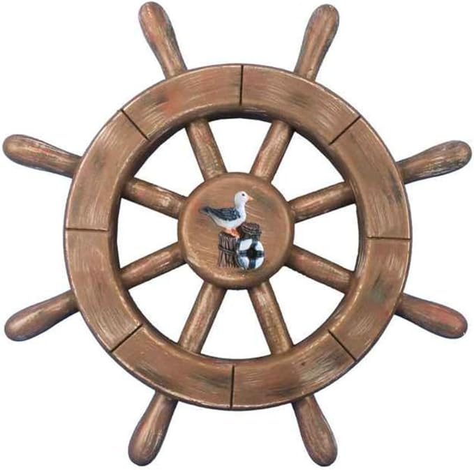 Hampton Nautical Rustic Wood Finish Decorative Ship Wheel with Seagull 12"