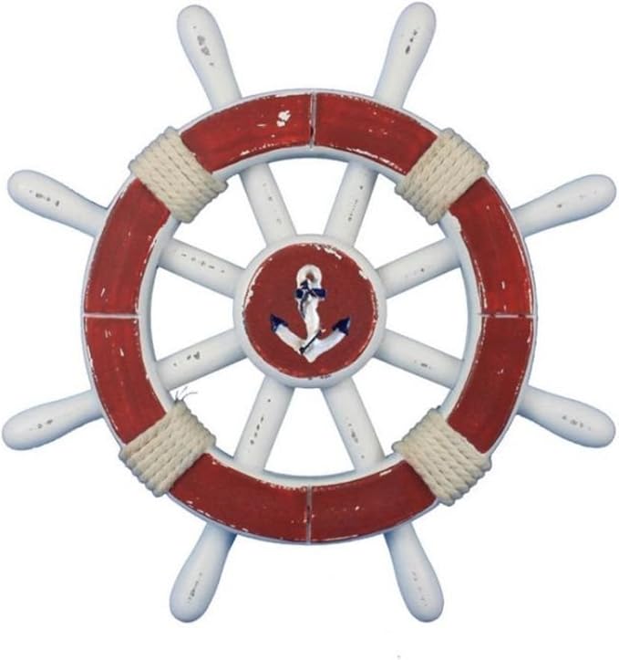 Hampton Nautical Decorative Ship Wheel with Anchor, 12", Rustic Red/White