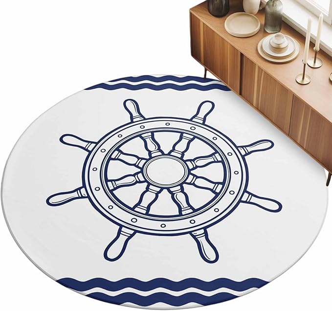 Washable Round Area Rug Summer Marine Nautical Ship Rudder Circle Rugs Floor Carpet for Living Room Bedroom, Ocean Theme Navy Blue White Soft Non Slip Round Rug 3ft