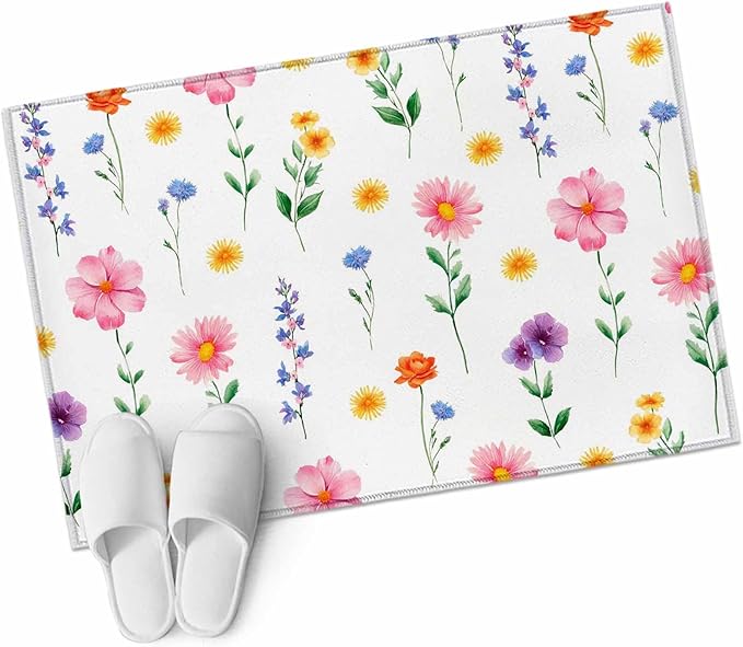 Area Rug 2x3ft, Watercolor Farmhouse Flower Washable Rugs for Living Room Bedroom, Yellow Pink Purple Blue Floral Soft Non-Slip Area Rugs Rectangle Floor Carpet for Dining Room