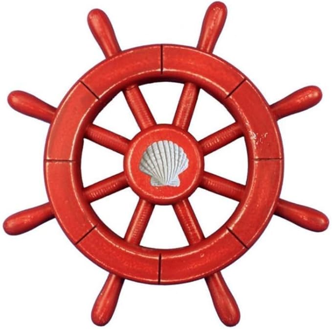 Hampton Nautical Decorative Ship Wheel with Seashell, 12", Rustic Red
