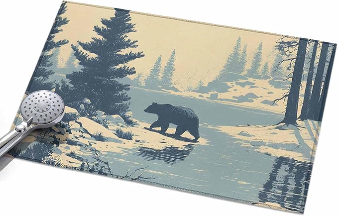 Area Rug 2x3ft, Winter Bear Evergreen Trees Washable Rugs for Living Room Bedroom, Rustic Snow River Soft Non-Slip Area Rugs Rectangle Floor Carpet for Dining Room