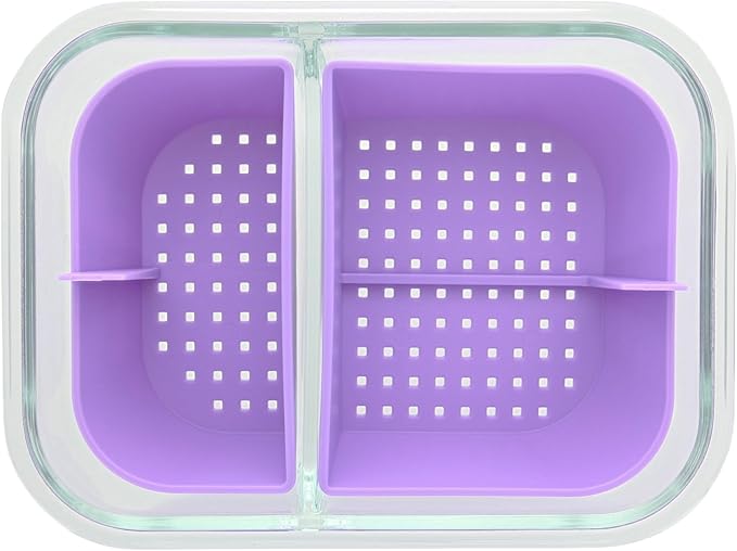 Two Compartment Borosilicate Glass Container Cleaning Tool with Sealable Lid (True Purple)