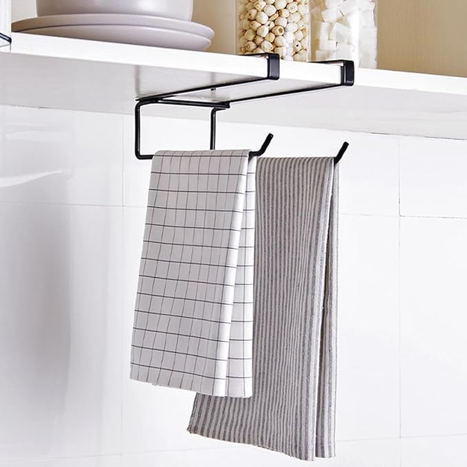 Free-Punch Wall-Mounted Paper Towel Holder Black Kitchen Cabinet Tissue Storage Rack Practical Under Cabinet Organizer for Home and Commercial Use