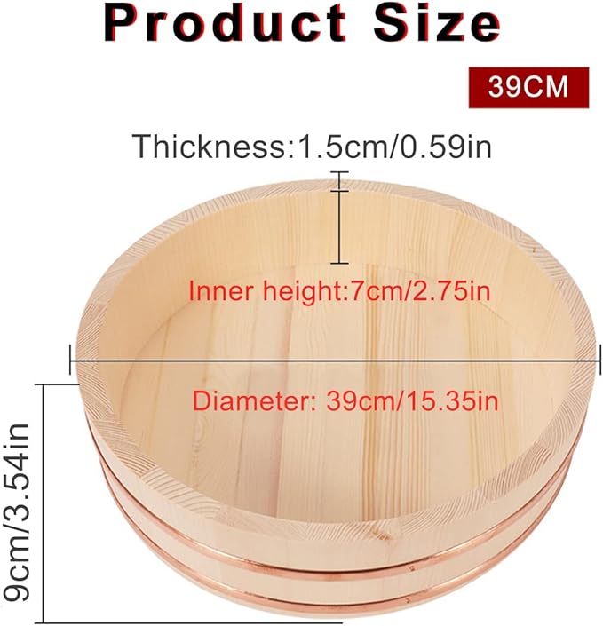 Sushi Rice Bowl with Spoon Wooden Hangiri Sushi Oke Rice Mixing Bucket for Knead The Dough Place Cooked Dishes and Mixed Sushi Rice Family Restaurant Kitchens Best Choice 42cm (39cm)