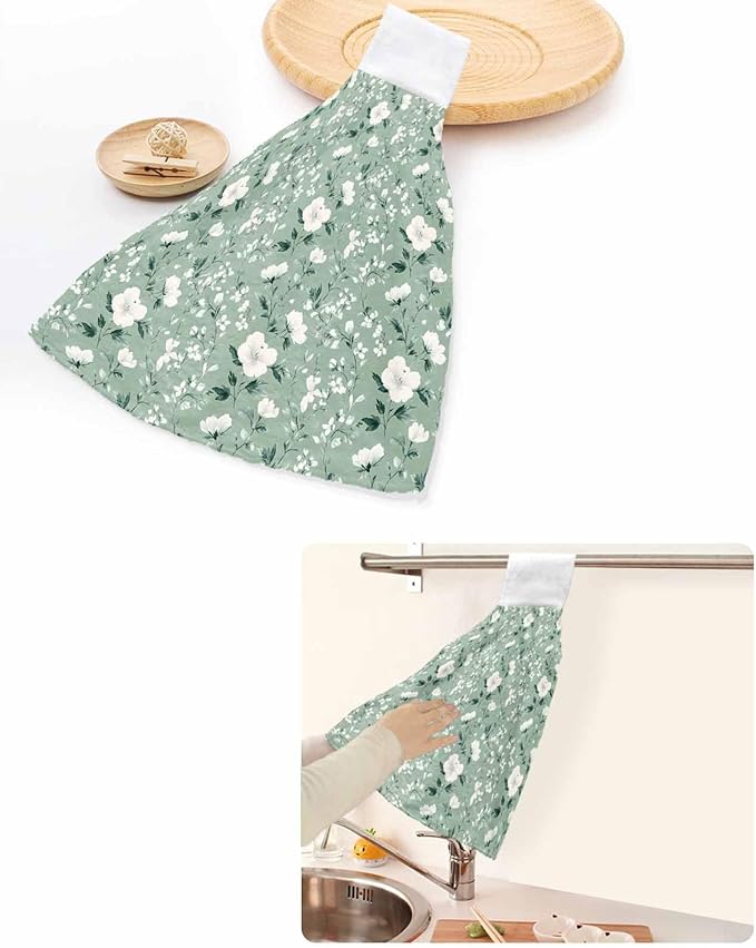 Alandar Home Kitchen Tie Towel Set of 1, Watercolor White Camellia Absorbent Soft Hand Towels for Bathroom Hanging Towels, Floral on Green Background Fast Drying Cleaning Cloth with Loop