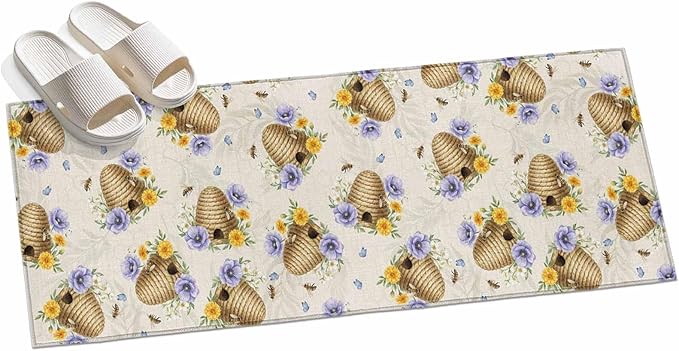 Runner Rug for Bedroom Hallway, Garden Beehives Honeybees Kitchen Runner Rugs Area Rug 2x6ft, Country Purple Floral Washable Soft Floor Carpet for Entryway Stair