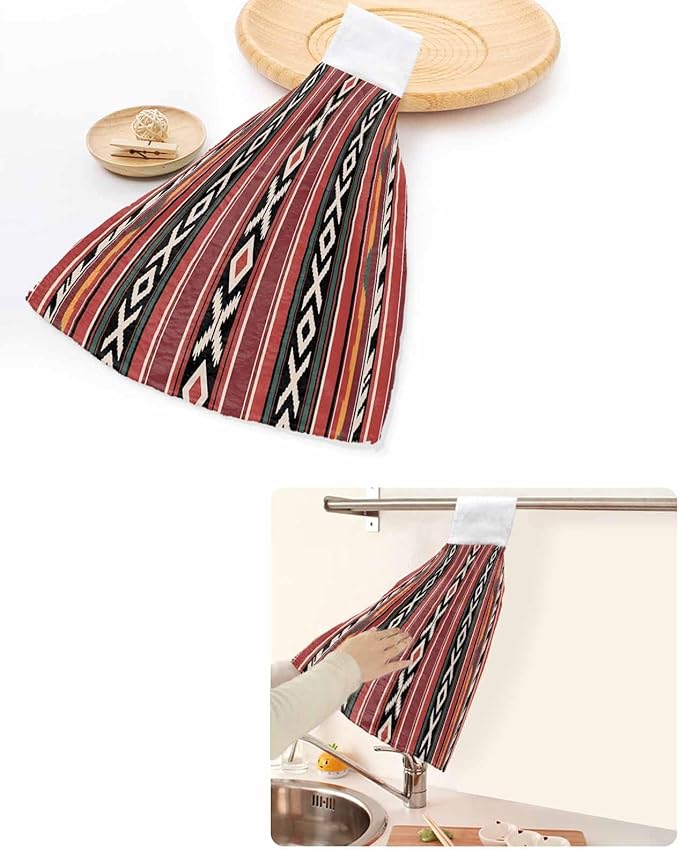 Alandar Home Kitchen Tie Towel Set of 2, Abstract Geometric Style Absorbent Soft Hand Towels for Bathroom Hanging Towels, Red Boho Ethnic Tribal Style Fast Drying Cleaning Cloth with Loop