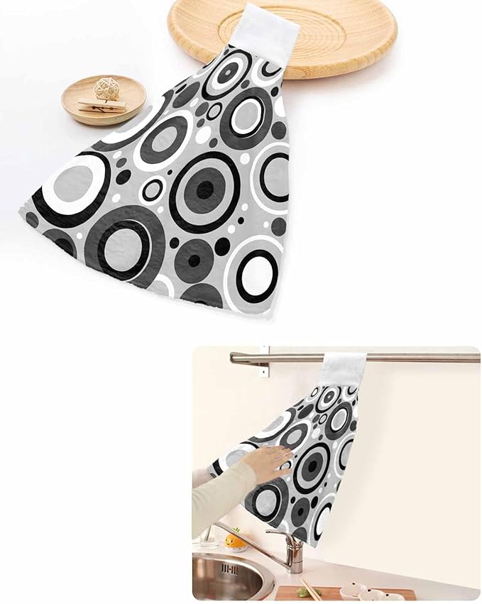 Alandar Home Kitchen Tie Towel Set of 2, Modern Circle Gray Black White Absorbent Soft Hand Towels for Bathroom Hanging Towels, Abstract Geometric Art Fast Drying Cleaning Cloth with Loop