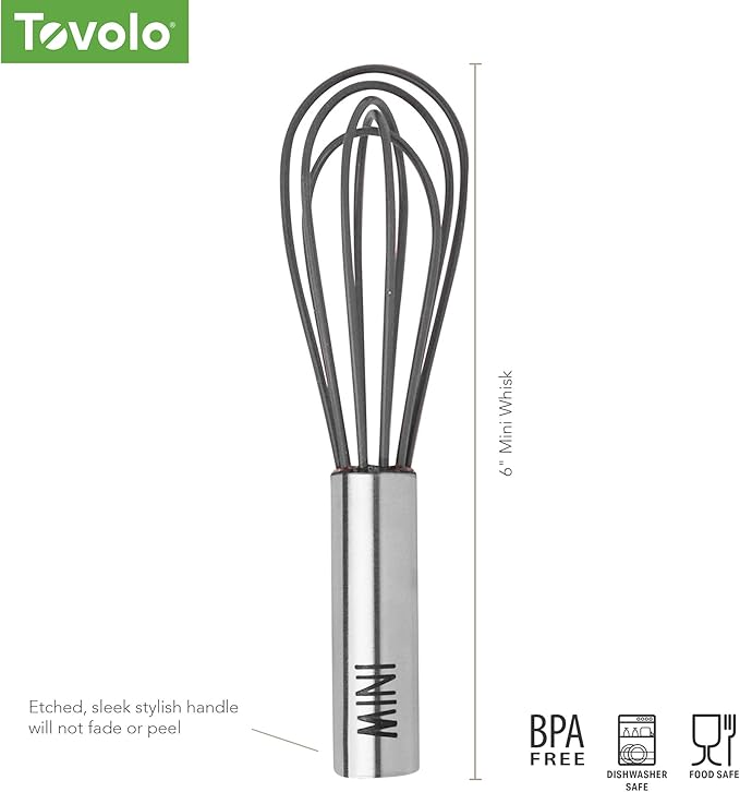 Tovolo Mini Whisk Stainless Steel 6 Inch Tiny Whipper Silicone Whisker for Cooking Blending Mixing Stirring Egg Beating, Easy to Clean Dishwasher Safe Small Kitchen Mini Metal Whisk, Charcoal Gray
