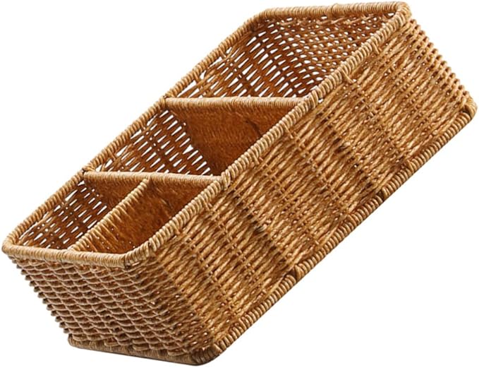 Wicker Divided Storage Basket, Rectangular Hand-woven Baskets Plastic Drawer Baskets Organizer for Organizing Cabinet Coffee Table Toilet Paper