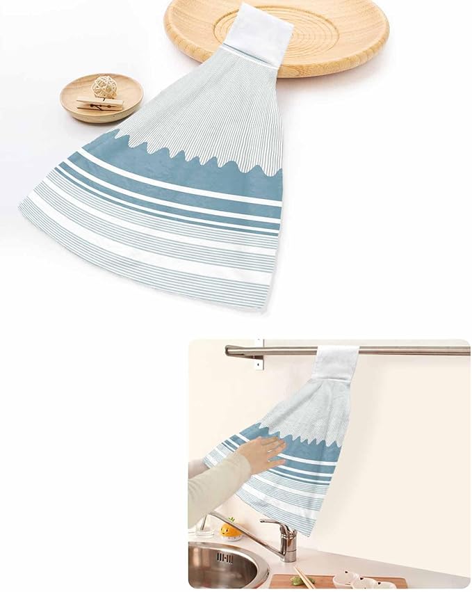 Alandar Home Kitchen Tie Towel Set of 1, Watercolor Blue Waves Stripe Absorbent Soft Hand Towels for Bathroom Hanging Towels, Modern Abstract Lines Fast Drying Cleaning Cloth with Loop