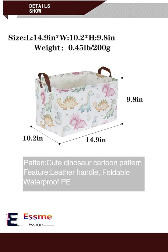Essme Dinosaur Baskets,Cute Basket for Boys,Dinosaur Baskets for Boys Bin with Handles for Dinosaur Room Decor, Clothes,Books Bins.(Cute Dinosaur)