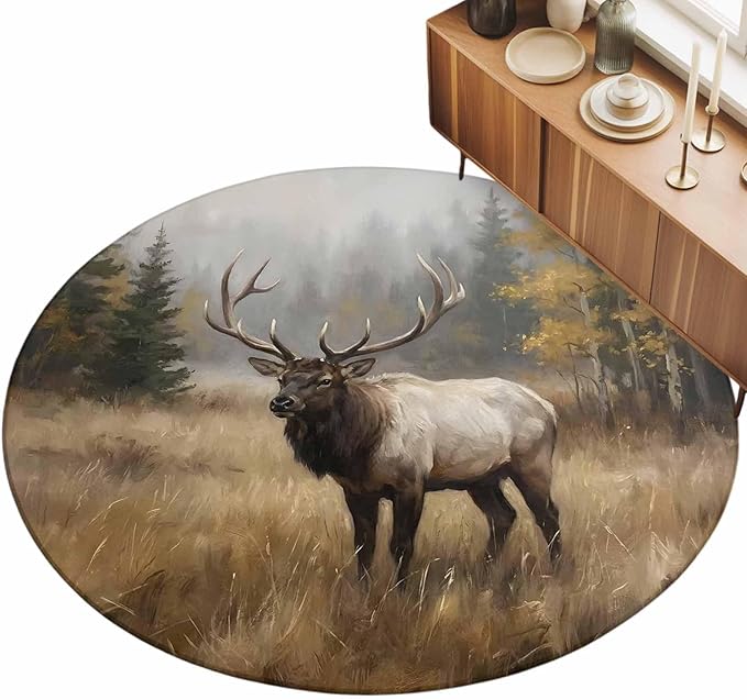 Washable Round Area Rug Brown Animals Elk Circle Rugs Floor Carpet for Living Room Bedroom, Retro Forest Landscape Soft Non Slip Round Rug 3ft