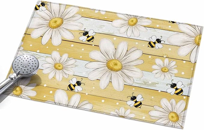 Area Rug 2x3ft, Summer Rustic Daisy Flower Bee Washable Rugs for Living Room Bedroom, Blossom Floral Yellow Wooden Soft Non-Slip Area Rugs Rectangle Floor Carpet for Dining Room