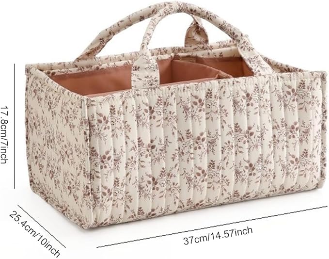 Quilted Fabric Storage Basket Floral Baby Diaper Caddy Quilted Basket Organizer for Newborn Nursery Bedroom Car Storage