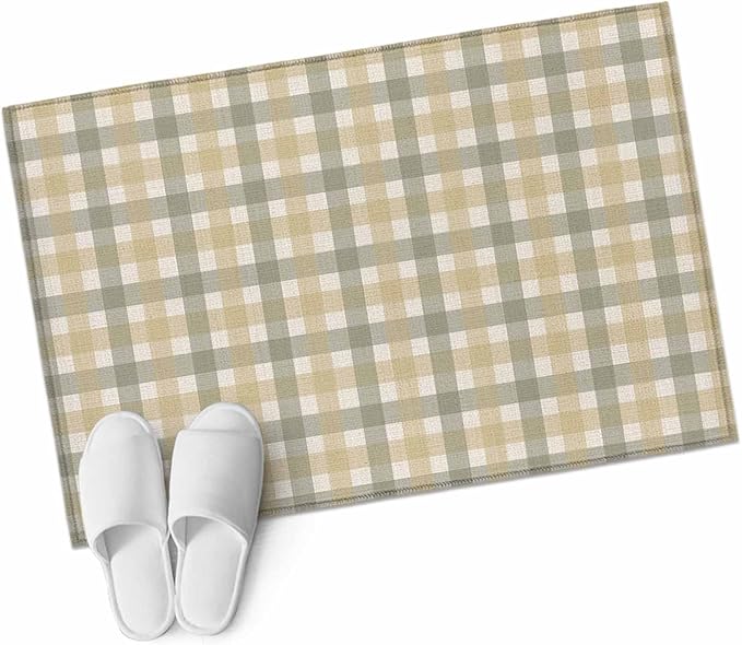 Area Rug 2x3ft, Farmhouse Vintage Beige Tan Buffalo Plaid Washable Rugs for Living Room Bedroom, Rustic Linen Soft Non-Slip Area Rugs Rectangle Floor Carpet for Dining Room
