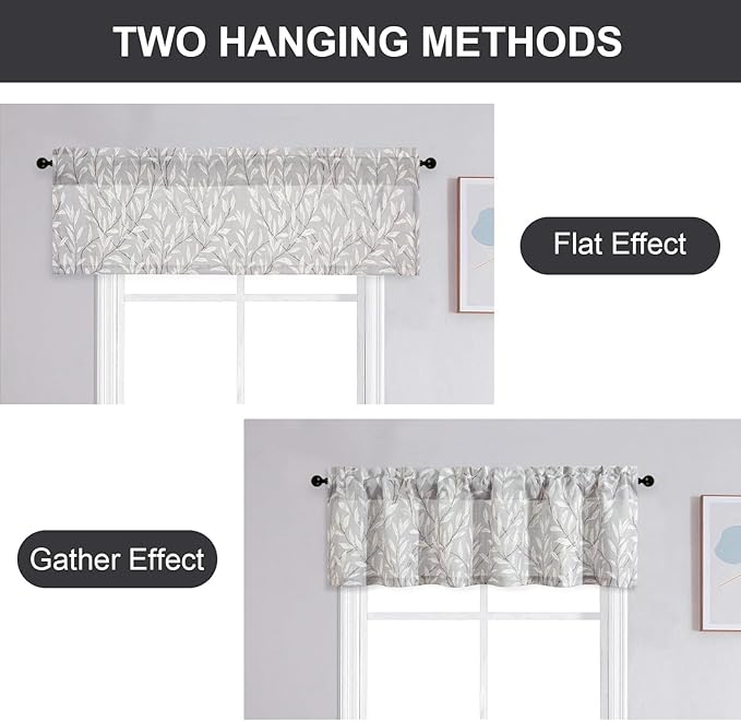 Leeva Short Curtains for Windows - Rod Pocket Farmhouse Leaves Short Window Curtains & Drapes for Living Room Kitchen, 52 x 12, Grey, One Panel