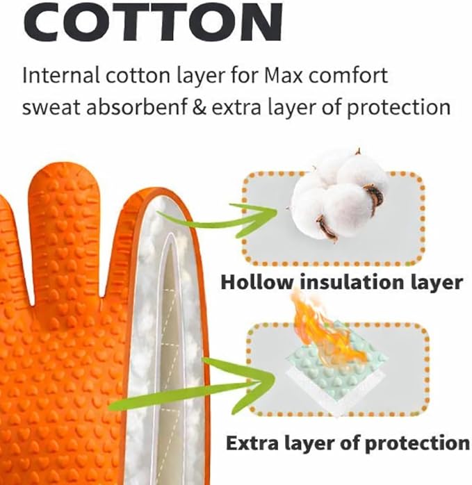 Cotton Lined Silicone Oven & BBQ Gloves, 450°F Heat Resistant Waterproof & Non-Slip Mitts for Baking, Cooking, Grill, Smoker & Fryer Use, Universal Size, 1 Pair (Orange)