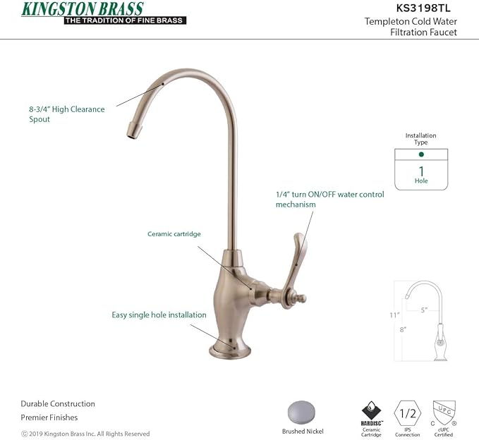 Kingston Brass Gourmetier KS3198TL Templeton Design 1/4 Turn Water Filter Faucet, Brushed Nickel