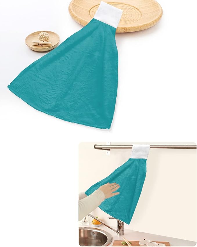 Alandar Home Kitchen Tie Towel Set of 2, Pure Color Blue and Green Absorbent Soft Hand Towels for Bathroom Hanging Towels, Plain Single Bright Color Fast Drying Cleaning Cloth with Loop