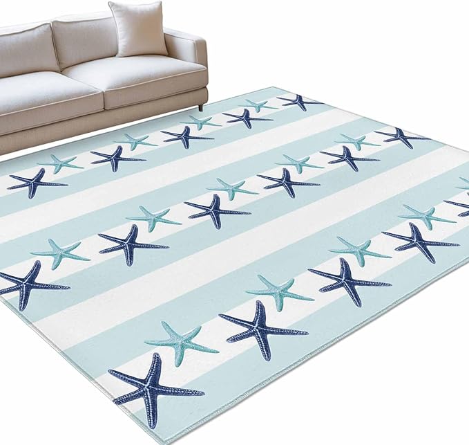 Area Rug 4x6ft, Summer Coastal Starfish Blue Teal Washable Rugs for Living Room Bedroom, Watercolor Ocean Theme Stripe Soft Non-Slip Area Rugs Rectangle Floor Carpet for Dining Room