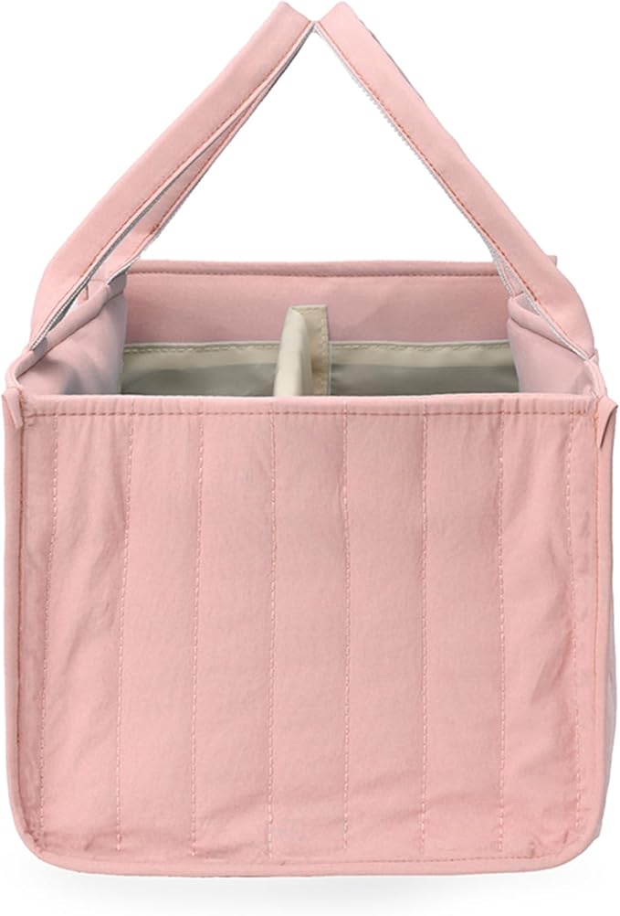 Quilted Fabric Storage Basket Floral Baby Diaper Caddy Quilted Basket for Nursery Bedroom Car Storage (L- Pink Bear)