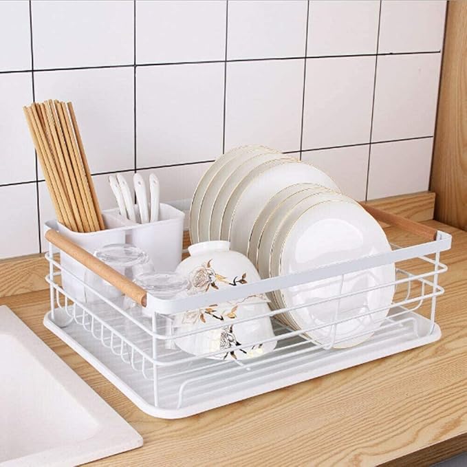 Dish Drainer Rack Metal Kitchen Cutlery Bowl Draining Holder Basket Tray (Color : #01 Black 2 Tier) (#02 White 1 Tier)