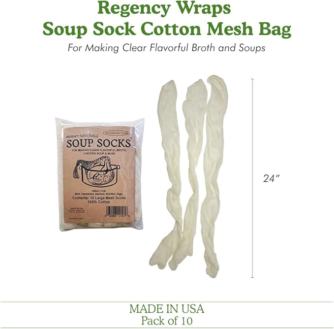 Regency Wraps Soup Socks, 24-inch 10 Pack, 100% Cotton Mesh Bags; for Clear Broths, Delicious Soups with No Straining; Fits Whole Chicken, Stew Meat, or Veggies