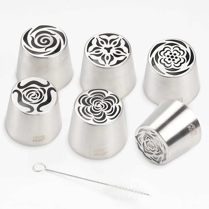 Extra Large Russian Piping Tip Set - 6 Stainless Steel Marshmallow Buttercream Framing Nozzles for 3D Roses Tulip Cake Decorations and Marshmallow Bouquets, Includes 1 Cleaning Brush(6J)