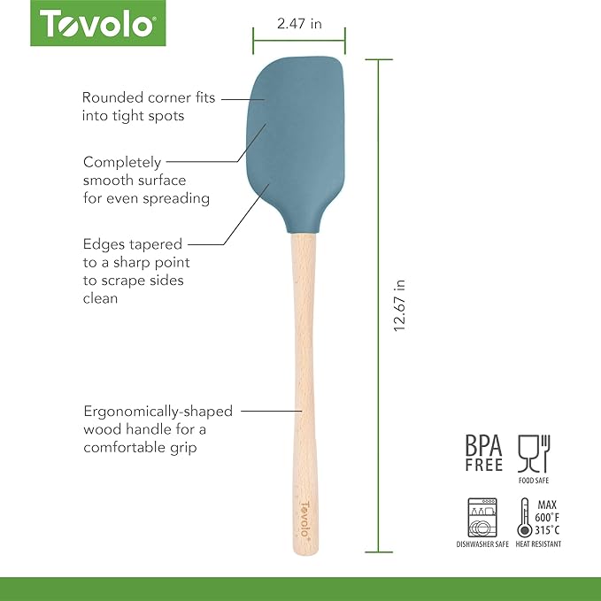 Tovolo Silicone Spatula Wooden Handle for Cooking Baking Mixing, Heat Resistant Food Safe BPA Free Flexible Silicone Baking Spatula with Wood Handles Kitchen Utensils Nonstick Safe, Blue Slate