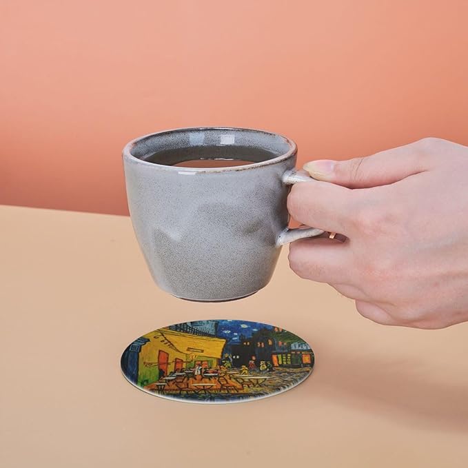 Van Gogh Art Leather Drinks Coasters with Holder, Set of 6, Suitable for Various Cups