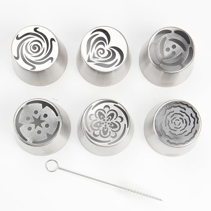 Extra Large Russian Piping Tip Set - 6 Stainless Steel Marshmallow Buttercream Framing Nozzles for 3D Roses Tulip Cake Decorations and Marshmallow Bouquets, Includes 1 Cleaning Brush(6I)