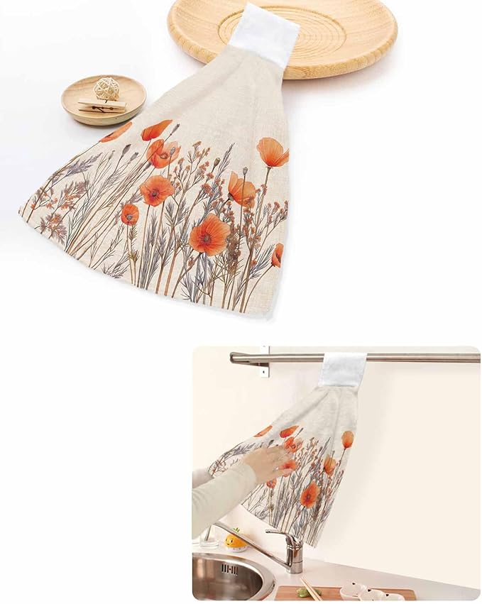 Alandar Home Kitchen Tie Towel Set of 2, Watercolor Garden Flower Plant Absorbent Soft Hand Towels for Bathroom Hanging Towels, Blossom Poppy Floral on Burlap Fast Drying Cleaning Cloth with Loop