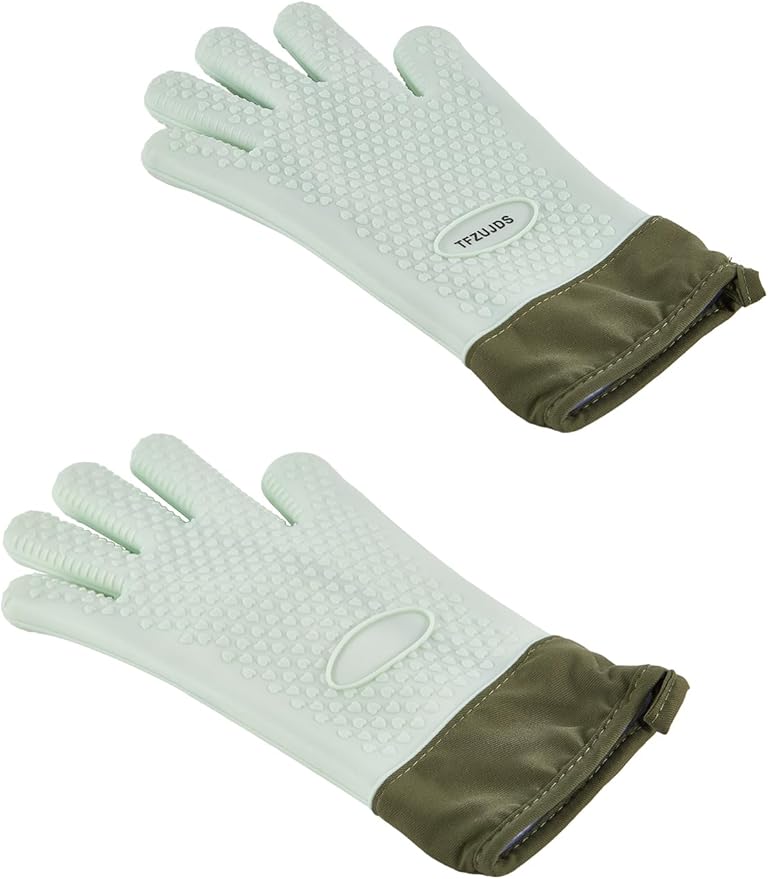 Silicone Oven Mitts with Five-Finger Design, Extended Cuff & Soft Cotton Lining – Heat Resistant, Waterproof, Non-Slip Oven Gloves for Baking, Cooking, Safe Grip on Hot Cookware - Green - Extra Large
