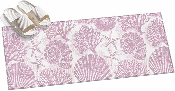 Runner Rug for Bedroom Hallway, Watercolor Summer Marine Creature Kitchen Runner Rugs Area Rug 2x6ft, Pink Starfish Shell Conch Washable Soft Floor Carpet for Entryway Stair