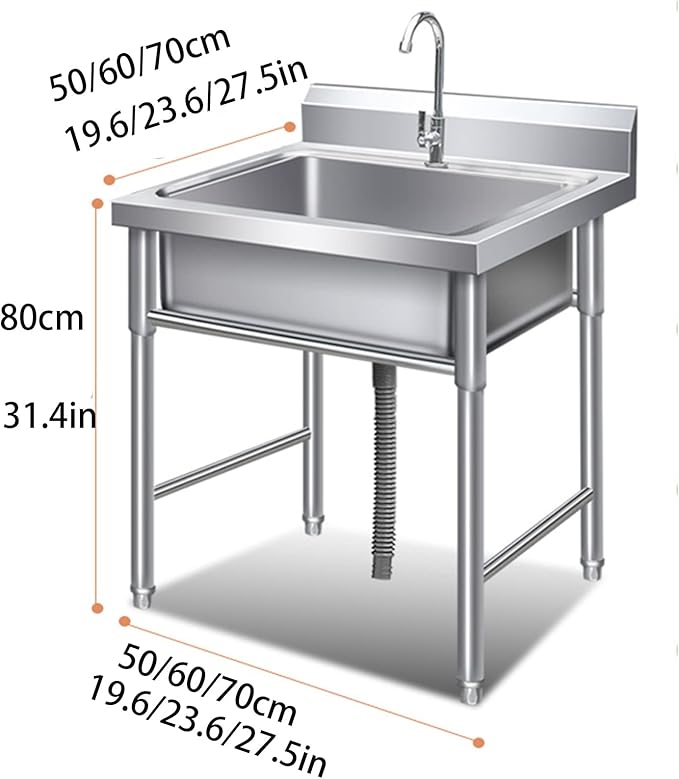 Kitchen Sink with Bracket, Commercial Stainless Steel Sink,Free Standing Utility Sink for Garage, Restaurant, Kitchen, Laundry Room, Outdoor (Size : 50cm/19.6in) (50cm/19.6in)