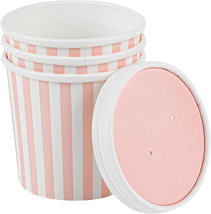 Restaurantware Bio Tek 12 Ounce Soup Containers 200 Durable Soup Bowls - Disposable Sustainable Pink And White Paper Soup Cups Striped Round For Hot Or Cold Foods