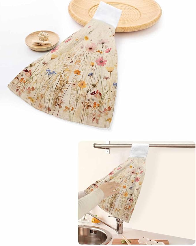 Alandar Home Kitchen Tie Towel Set of 2, Watercolor Natural Flower Art Absorbent Soft Hand Towels for Bathroom Hanging Towels, Retro Floral Leaves on Burlap Fast Drying Cleaning Cloth with Loop