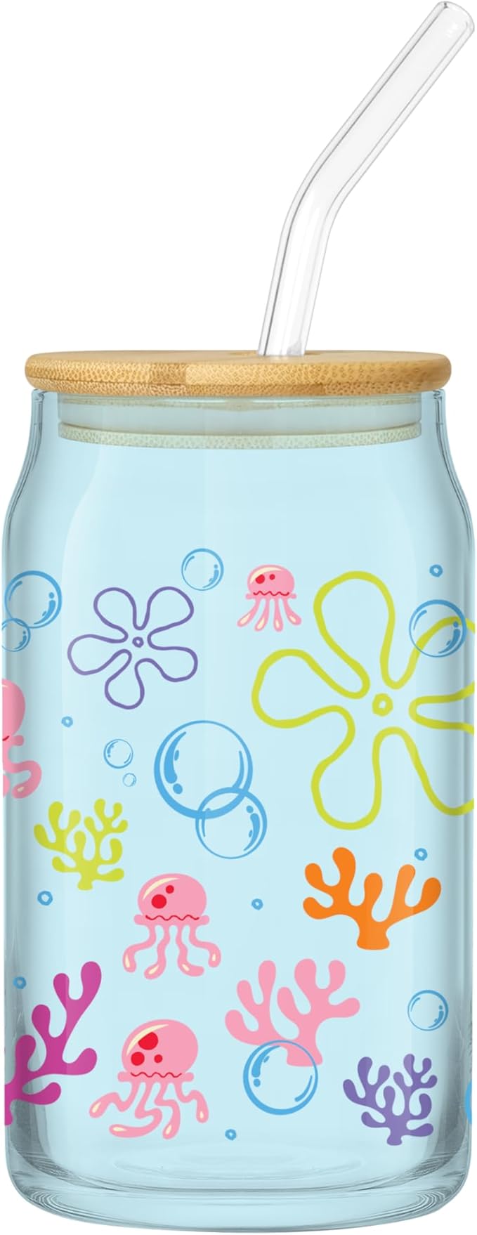 Silver Buffalo Spongebob Squarepants Under the Sea Bikini Bottom Glass Tumbler with Bamboo Lid and Glass Straw, 16 Ounces