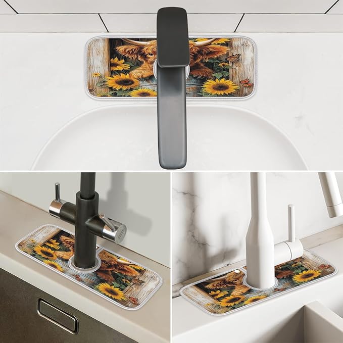 Rustic Highland Cow Kitchen Faucet Mat Super Absorbent Dish Drying Mat Splash Guard Behind Faucet Drip Catcher for Kitchen Bathroom Sink Cafe Bar Faucet Decor