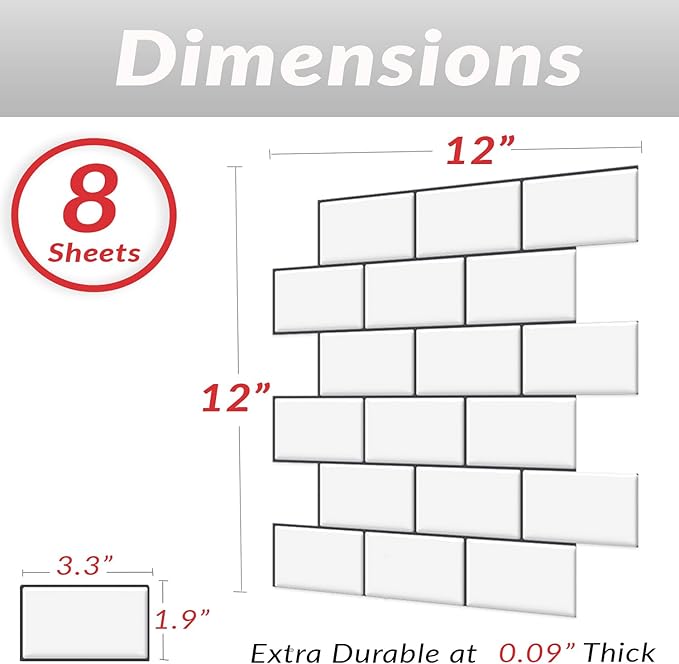 DÉCOR WOW Peel & Stick Backsplash for Kitchen & Bathroom White Subway with Grey Grout, 1 sq ft (8-Pack)